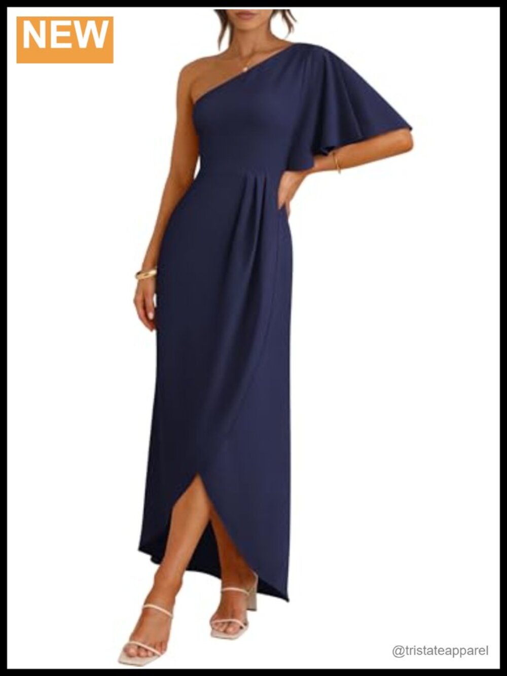 One Shoulder Formal Midi Dress Ruffled Cape Sleeve Slit Wedding Guest